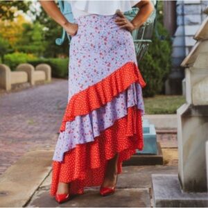 Light Blue ❤️Red Floral ❤️ Tiered Maxi Skirt ❤️Lining❤️❤️❤️❤️